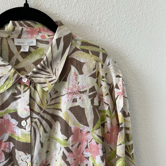 J. Jill Love Linen Shirt Blouse Button Down Size XL P Long Sleeve Floral Print - Picture 3 of 14